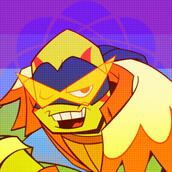 leonardo from rise of the tmnt in front of a nonbinary lesbian flag. the background is hue-shifted blue and leo is orange-y